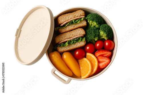 Round lunchbox with fresh sandwich, vegetables and fruits isolated on white background, healthy meal prep concept, top view photo