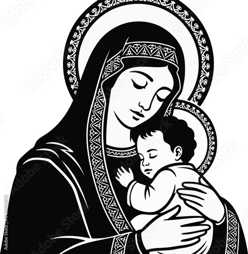 Blessed virgin mary holding baby jesus in monochrome illustration