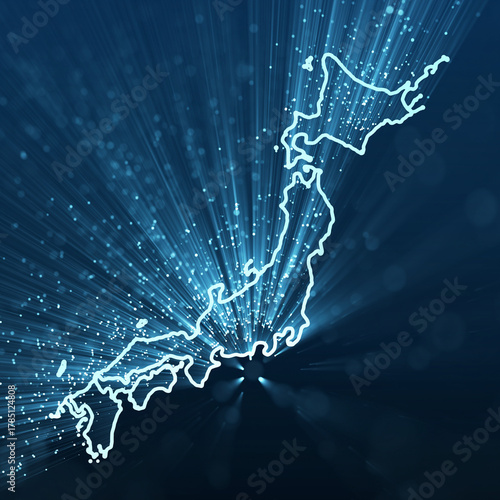 デジタルジャパン – データネットワークと光のつながりを表現した未来的な日本地図