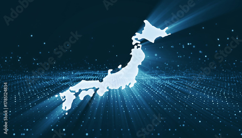 デジタルジャパン – データネットワークと光のつながりを表現した未来的な日本地図