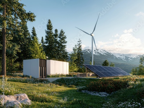 Renewable energy storage system implementation mountain location 3d rendering outdoor environment aerial view sustainable technology