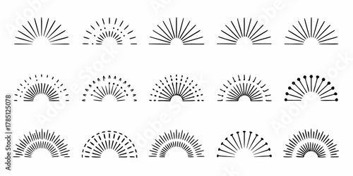 Collection of hand drawn sunburst and starburst design elements in black and white