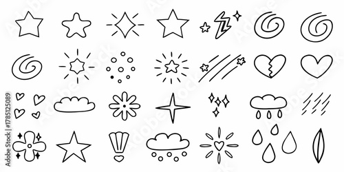 Collection of hand drawn doodle icons featuring stars hearts clouds lightning bolts and swirls