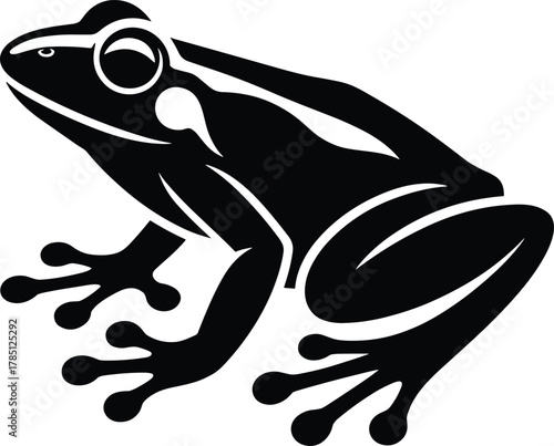 Black frog silhouette vector illustration, amphibian animal design, tribal frog artwork, wildlife symbol, tropical nature concept, isolated graphic logo