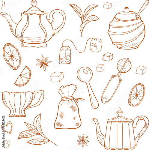 Elegant hand-drawn vector set with tea time essentials: teapots, tea cups, tea leaves tea bags, spoon, sugar, citrus, spice elements for packaging, menu design, product labels.