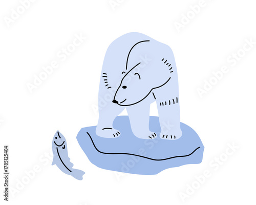 Polar Bear standing on ice floe, looking at fish in Arctic Ocean. bear hunts fish. Wildlife conservation. Vector illustrations of Wild animal of Arctic Circle. Arctic white north animal in flat style.