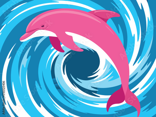 A vibrant pink dolphin gracefully leaps from a swirling blue wave, embodying joy and freedom.