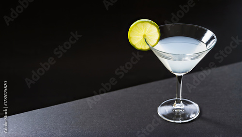 A martini style cocktail glass with a drink of ouzo, garnished with a slice of lemon, isolated against a dark black background with copy space
