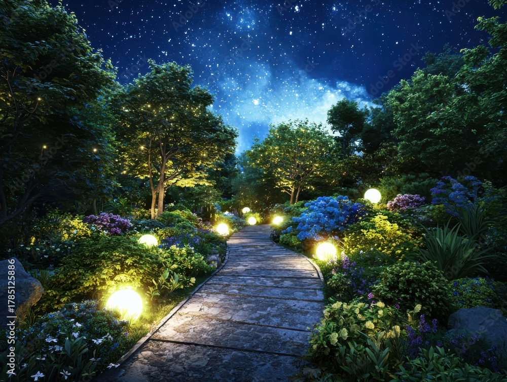 Fototapeta premium Serene night garden illuminated by glowing globes tranquil atmosphere peaceful plants starry sky