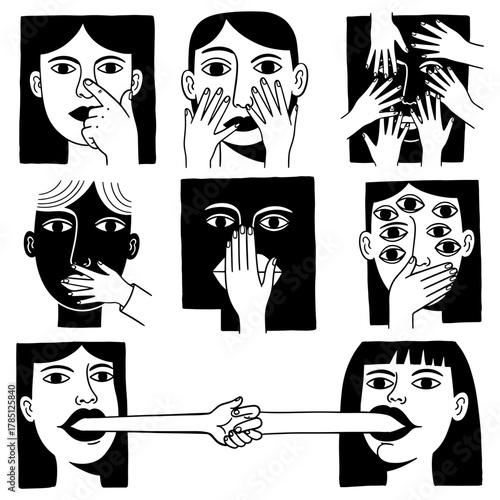 A collection of surreal faces with hands covering eyes, mouth, nose, and extra eyes