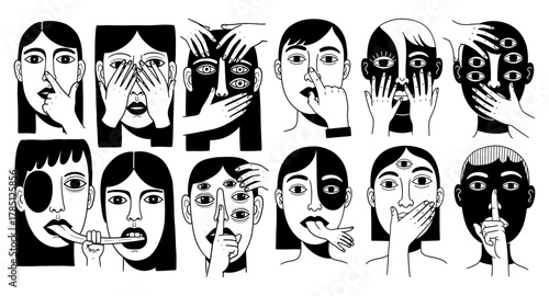 A collection of surreal faces with hands covering eyes, mouth, nose, and extra eyes
