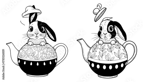 Two cute rabbits wearing hats sitting on teapots, whimsical illustration