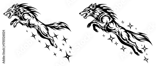 Stylized wolf leaping with stars, creating a dynamic and powerful illustration of movement