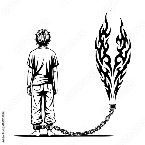 A chained boy gazes at his escaping spirit, symbolizing freedom and the struggle against mental health issues
