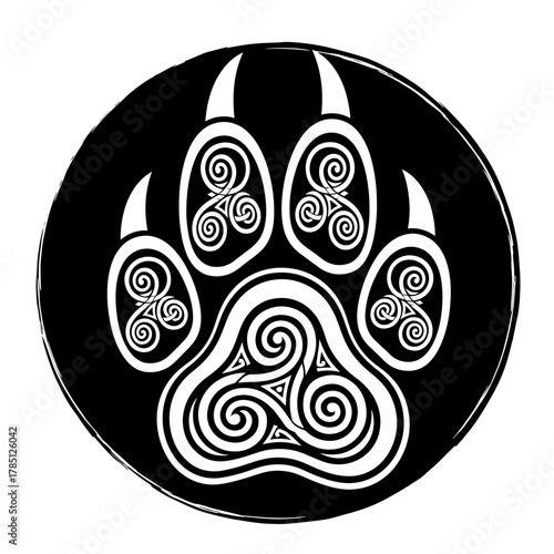 Stylized wolf paw print with celtic knot designs inside each toe