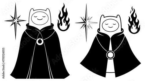 Two cartoon characters with cloaks and stars