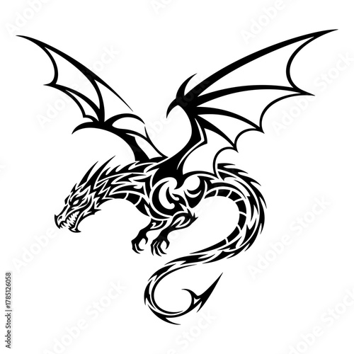 A tribal dragon soars with wings spread, embodying power and mystique in a captivating tattoo design