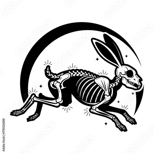A skeletal rabbit leaping in front of a crescent moon, creating a spooky and macabre halloween illustration