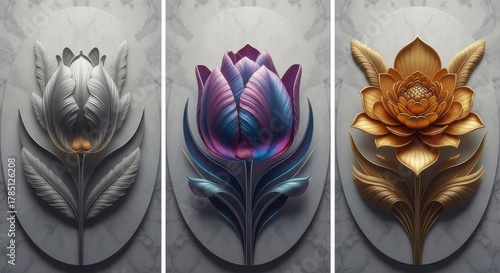 Three futuristic metallic and iridescent floral sculptures displayed vertically