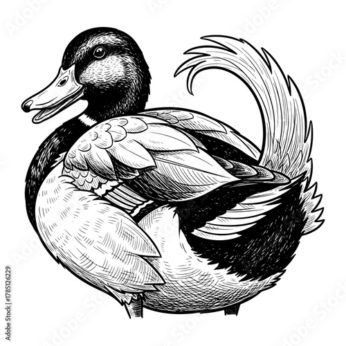 Detailed ink drawing of a mallard duck with intricate feather patterns, showcasing its distinctive plumage