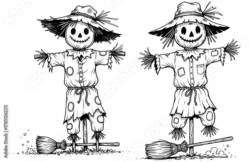 Whimsical ink drawing of scarecrows with straw hats and patched clothing, bringing a touch of autumn charm