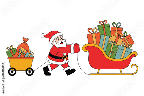 Santa Claus pulls a sleigh filled with presents, accompanied by a small cart of gifts.