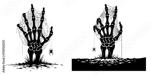 Skeleton hand rising from the grave covered in spiderweb