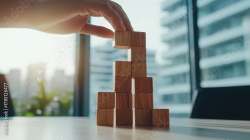 Hand stopping wooden dominoes symbolizing crisis management in urban office environment