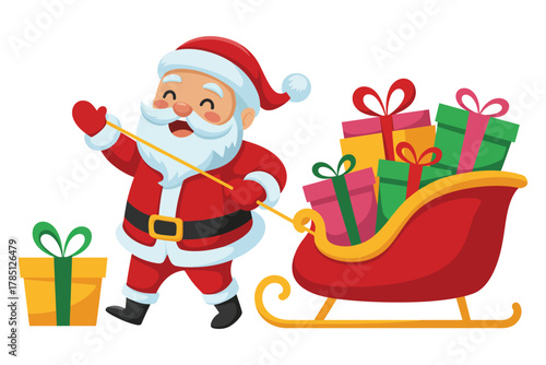 Santa Claus pulls a sleigh full of presents, with another gift beside him, ready for Christmas.