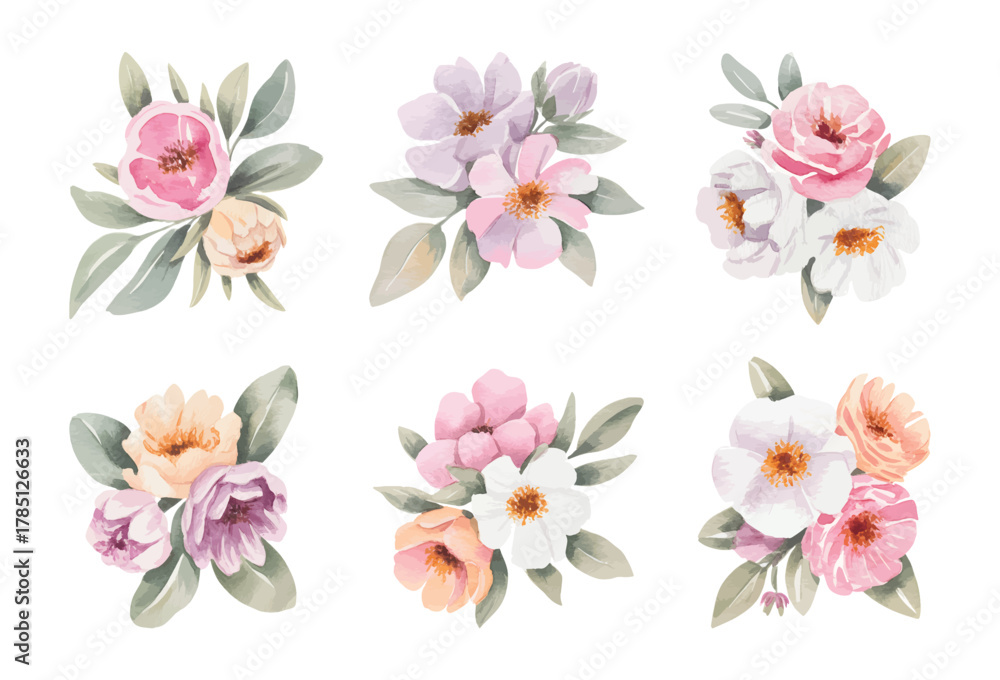 Fototapeta premium Watercolor peony and camellia bouquet with gentle pastel tones.