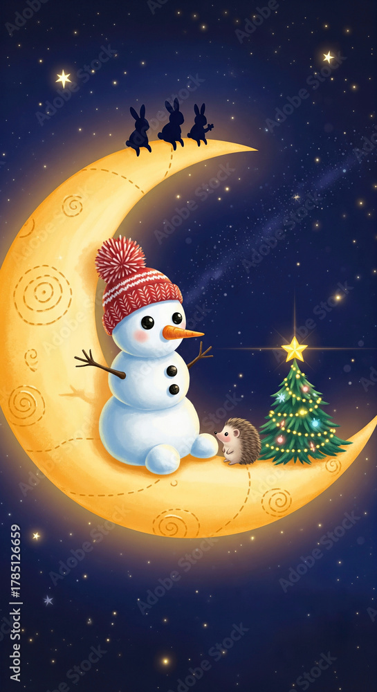Obraz premium Snowman and hedgehog on a moonlit night with rabbits watching.. Whimsical illustration evokes festive cheer and childlike wonder.. Holiday spirit, magical moment, winter wonderland.
