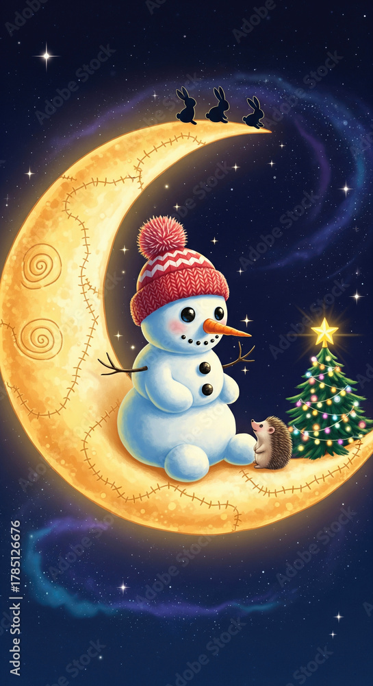 Obraz premium Snowman with Hedgehog on Moon in Starlit Sky. Whimsical illustration evoking childlike wonder and winter holidays. Festive cheer, magical realism, holiday fantasy.