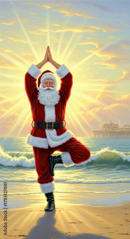Fototapeta premium Santa Claus practices yoga on a sunny beach near a pier. A serene illustration of holiday cheer and well-being. Healthy lifestyle, festive relaxation, winter holiday.