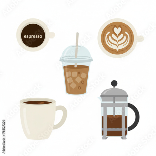 Variety of Coffee Drinks and Brewing Methods Illustrated