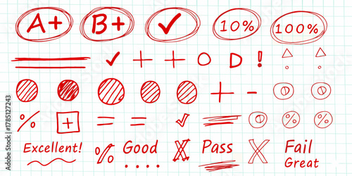 Hand drawn red marks and symbols on grid paper for grading and feedback