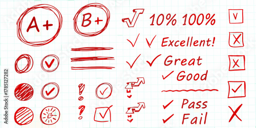 Hand drawn red marks and symbols for grading and feedback on a grid paper background