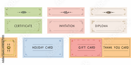 Collection of vintage style greeting cards and certificates with decorative borders and text labels