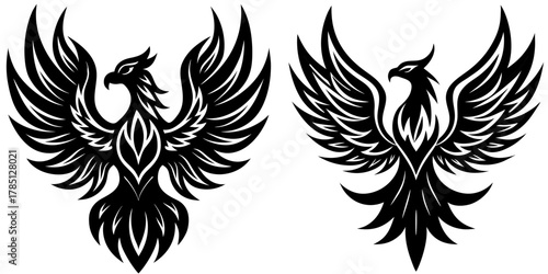 Rise in Ink: The Dual Phoenix Design, A bold black-and-white illustration of two phoenixes, each with unique wing patterns and symbolic flame motifs