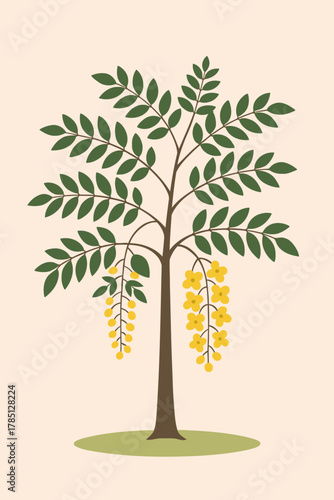 Minimalist Golden Shower Tree Illustration Simple Flat Design Wallpaper Background