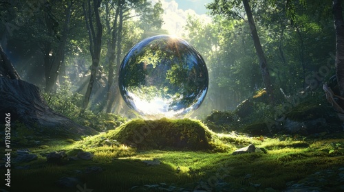 A glimmering crystal ball on lush moss enchanted forest nature photography serene environment magical viewpoint
