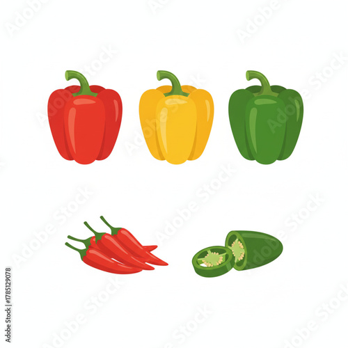 Colorful collection of fresh bell, chili, and jalapeno peppers vector illustration for healthy food design