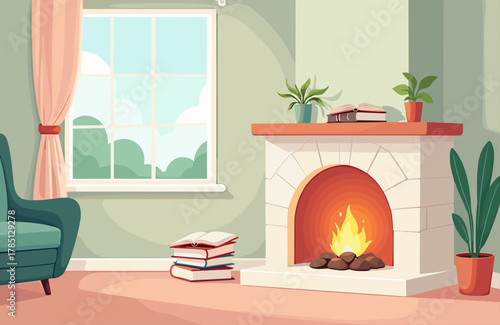Cozy living room with fireplace, books, and plants, warm atmosphere, interior design