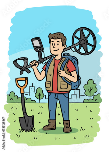 Metal detecting hobbyist with shovel and backpack, cartoon outdoor adventure illustration.