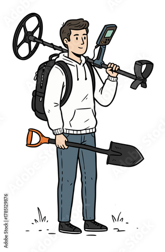Hobbyist detectorist standing with shovel and metal detector on white background.