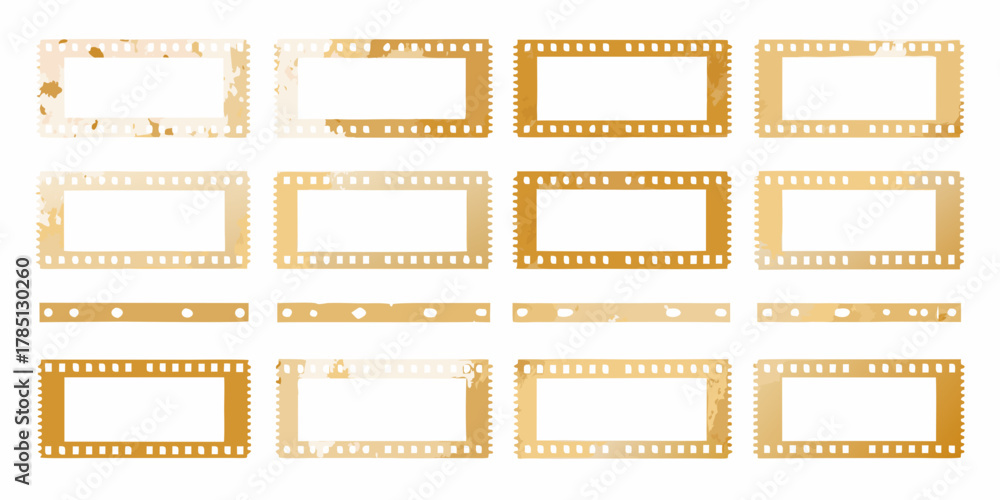 Fototapeta premium Collection of vintage film strip frames with distressed texture and perforated edges