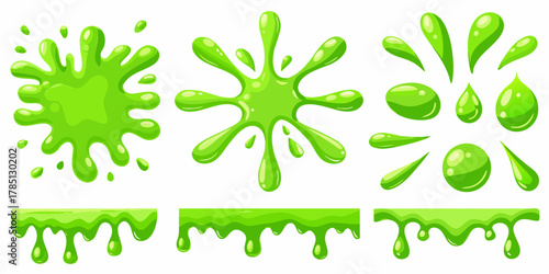 Collection of vibrant green slime splashes and dripping borders with glossy texture