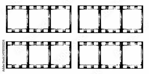 Four blank film strips with rough edges and perforations on a white background