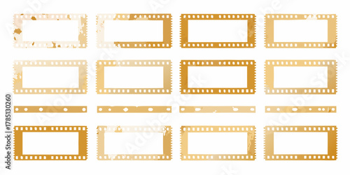 Collection of vintage film strip frames with distressed texture and perforated edges