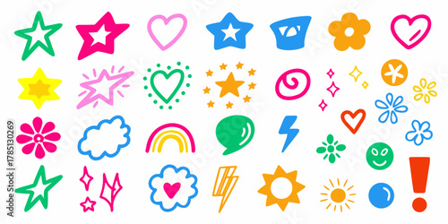 Wallpaper Mural Collection of colorful hand drawn doodle icons including stars hearts flowers clouds rainbows and lightning bolts Torontodigital.ca