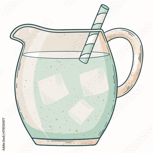 Illustration of pitcher with ice and straw filled with lemonade  
